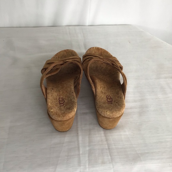 UGG WOMEN CARMAL TAN BRAIDED CRISS CROSS LEATHER WOOD WEDGE SANDALS SIZE 7 - Picture 4 of 8